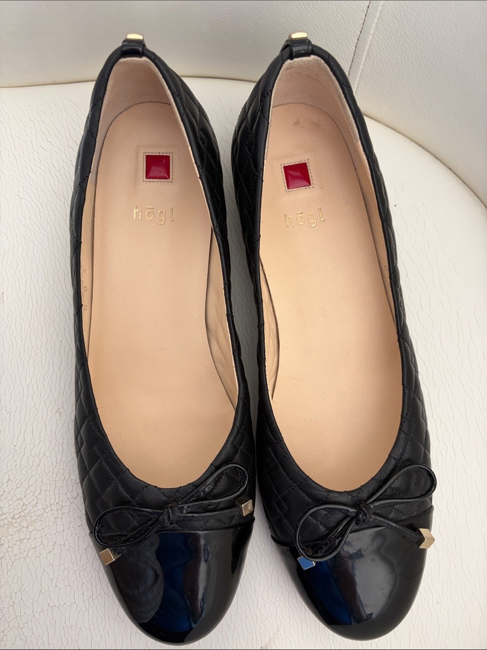 Black Quilted Ballet Flats with Patent Toe and Bow